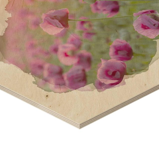 Esagono in legno - Acquarelli - Viola di papavero fiori di prato in primavera