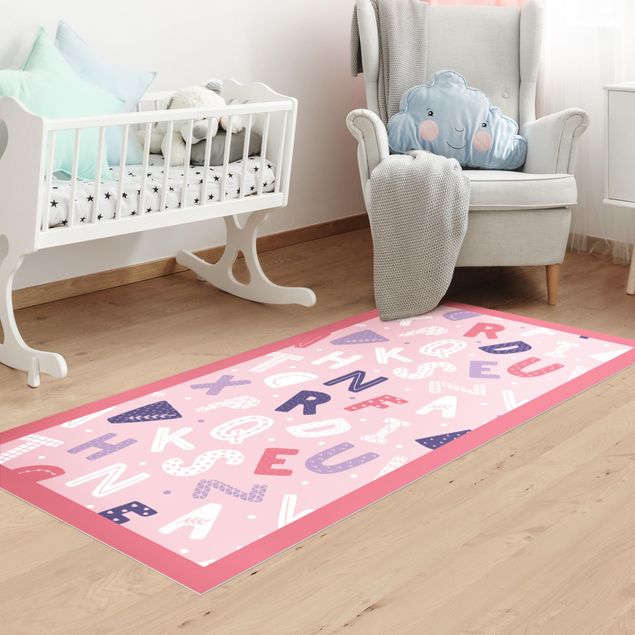 tappeto passatoia Alfabeto con cuori e puntini in rosa chiaro con cornice
