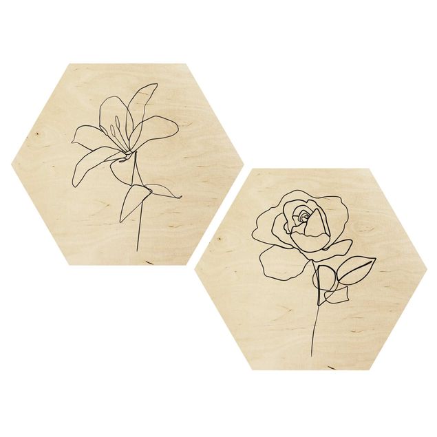 Esagono in legno - Line Art Flowers Nero Set Bianco