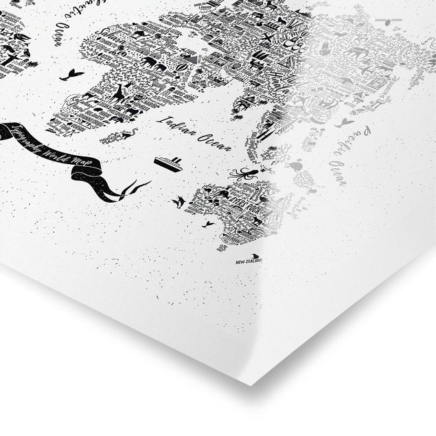 Poster Mappa del mondo - tipografica bianca