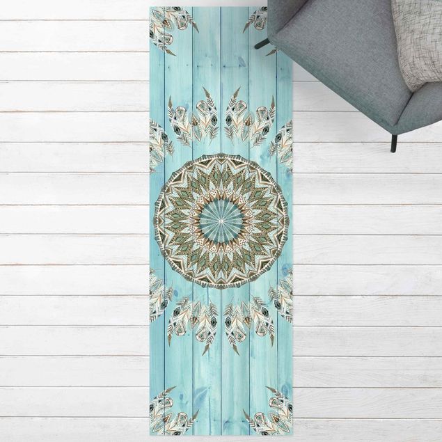 tappeti per balcone Mandala acquerello piume blu verde tavole di legno