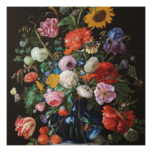 Paraschizzi con riproduzioni Jan Davidsz de Heem - Tulipani, un girasole, un'iris e altri fiori in un vaso di vetro sulla base di marmo di una colonna
