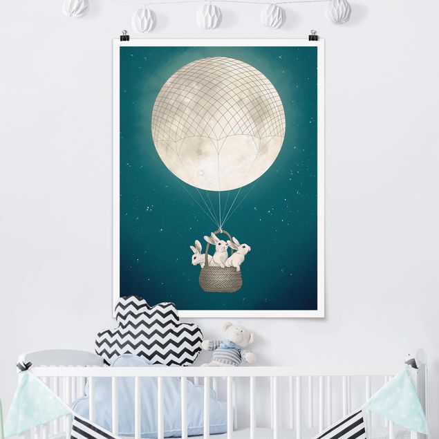 Quadri moderni   Illustrazione - Conigli e luna come mongolfiera cielo stellato