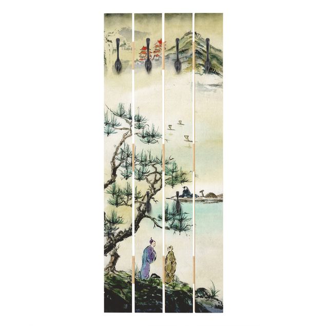 Attaccapanni verde Disegno acquerello giapponese pino e villaggio di montagna
