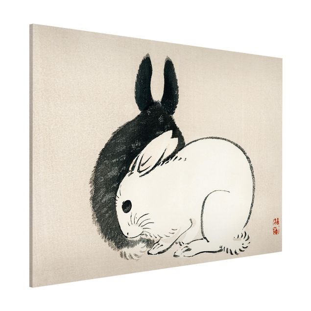 Quadri in bianco e nero Disegno vintage asiatico di due coniglietti