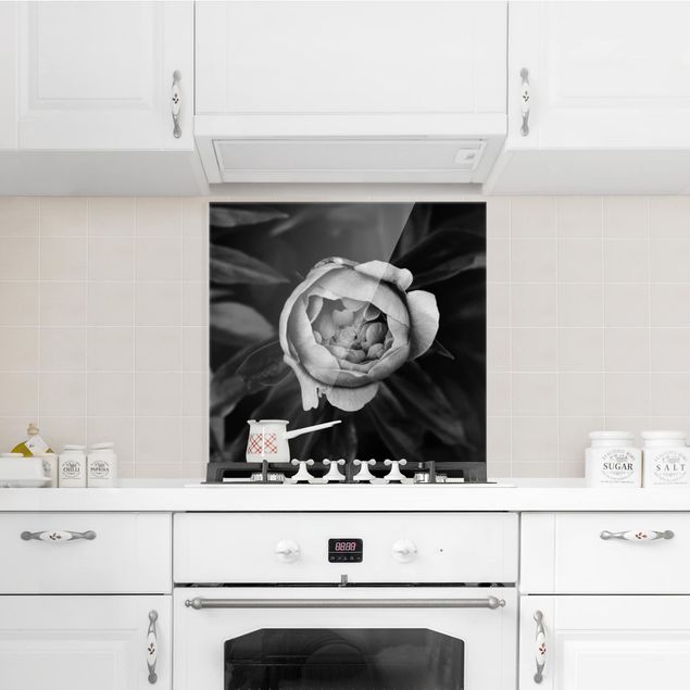 Decorazione cucina Fiore di peonia bianco Foglie anteriori nere