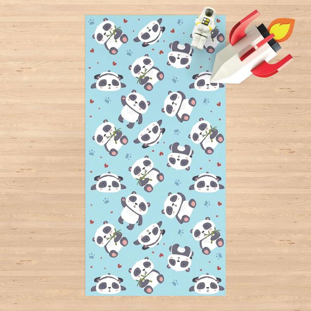 tappeto per esterno Tenero panda con impronte di zampe e cuori blu pastello