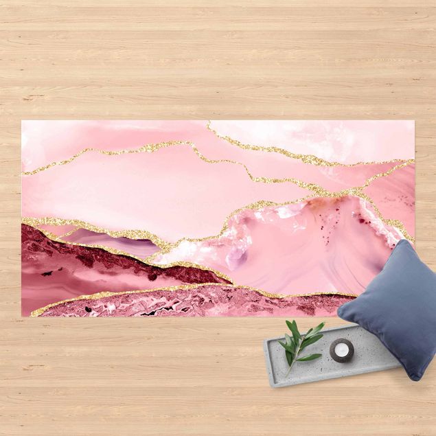 tappeto passatoia Montagne rosa astratte con linee d'oro