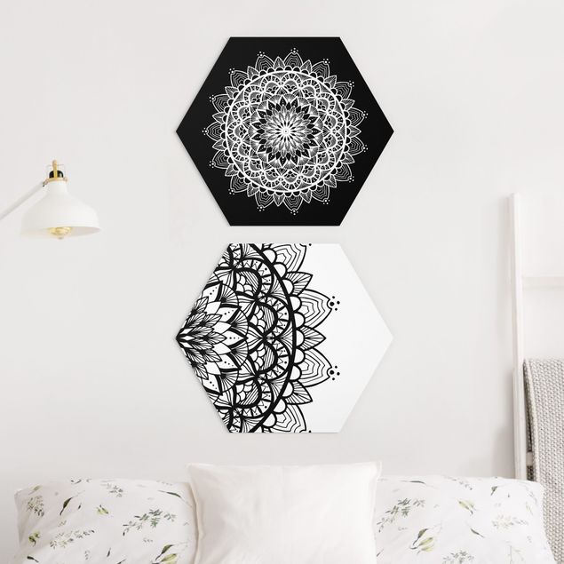 Esagono in Alluminio Dibond - Mandala Illustrazione Shabby Set Nero Bianco