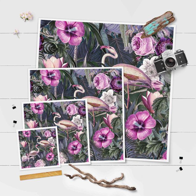 Poster - Colorato collage - Fenicotteri Rosa In The Jungle - Quadrato 1:1