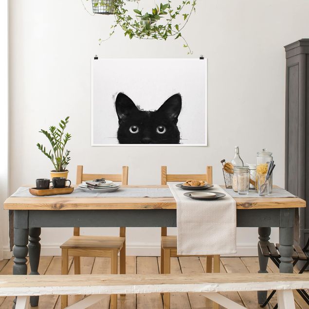 Quadri in bianco e nero Illustrazione - Gatto nero su pittura bianca