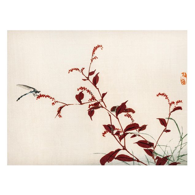 Quadri fiori Disegno vintage asiatico ramo rosso con libellula
