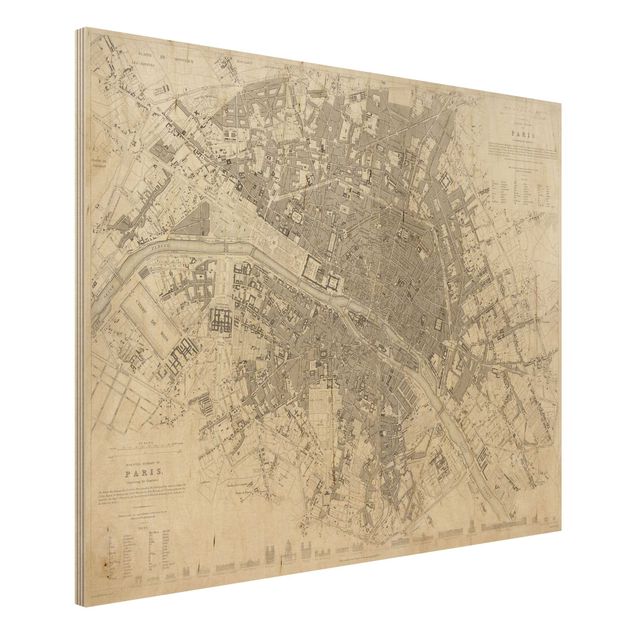 Quadri in legno con architettura e skylines Mappa vintage Parigi
