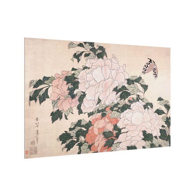 Paraschizzi con fiori Katsushika Hokusai - Peonie rosa con farfalla