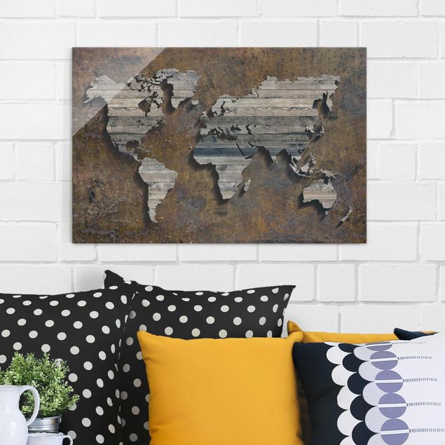 Quadri mappamondo Mappa del mondo con griglia di legno