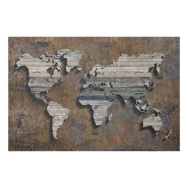 Stampe Mappa del mondo con griglia di legno