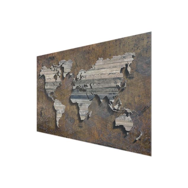 Glas Magnettafel Mappa del mondo con griglia di legno
