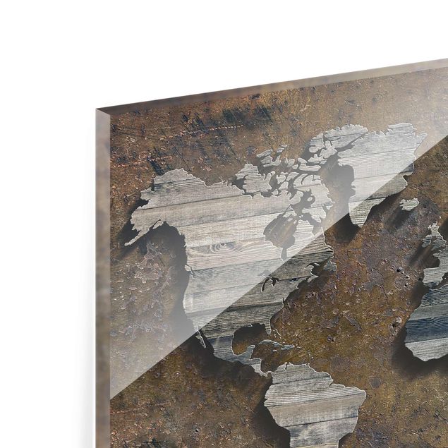 Quadro in vetro - Wooden grid world map - Orizzontale 3:2