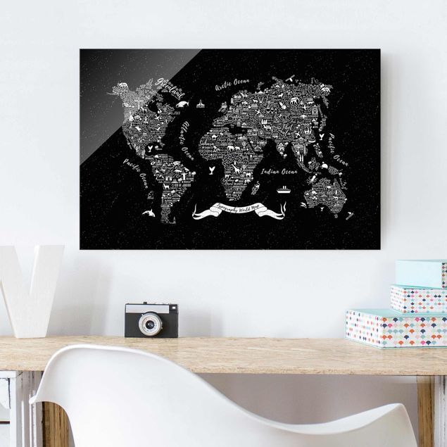 Quadri skyline  Tipografia - Mappa del mondo nero