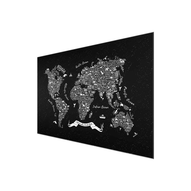 Glas Magnetboard Tipografia - Mappa del mondo nero