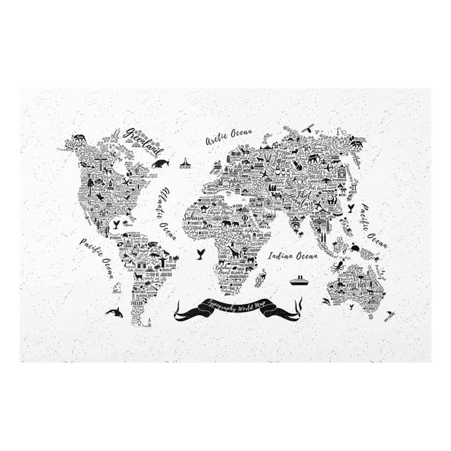Magnettafel Glas Mappa del mondo - tipografica bianca