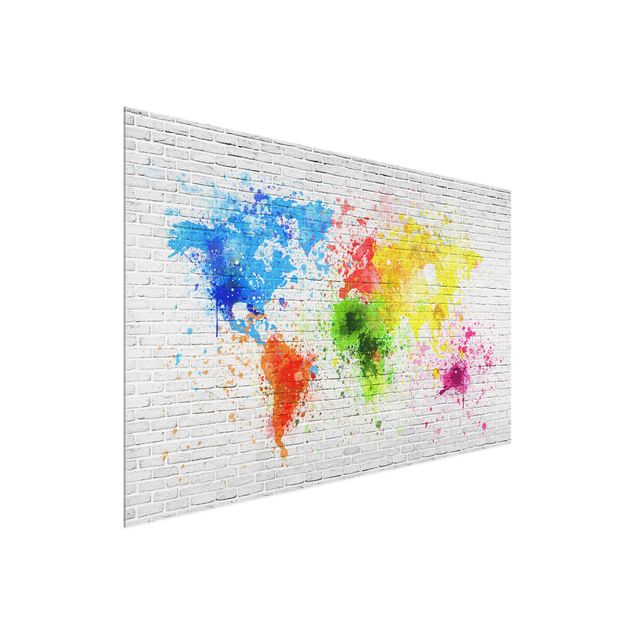 Quadro colorato Muro di mattoni bianchi Mappa del mondo
