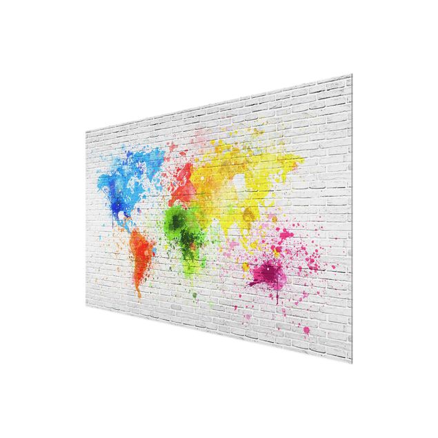 Magnettafel Glas Muro di mattoni bianchi Mappa del mondo