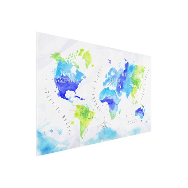 Quadro moderno blu Mappa del mondo Acquerello Blu Verde
