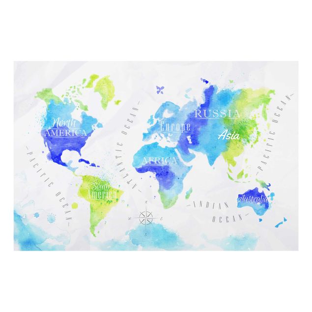 Quadri verdi Mappa del mondo Acquerello Blu Verde