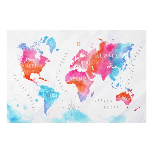 Quadro rosso Mappa del mondo Acquerello Rosso Blu