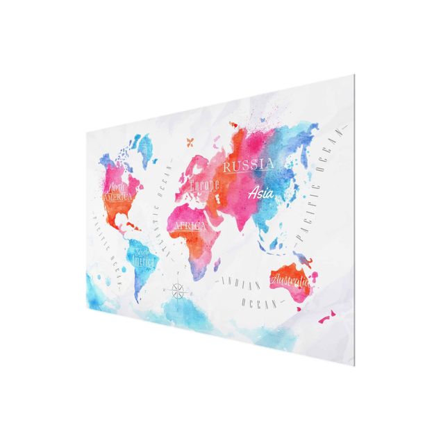 Stampe Mappa del mondo Acquerello Rosso Blu