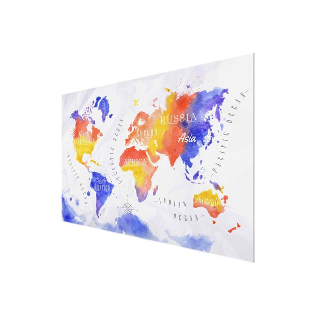 Quadri stampe Mappa del mondo acquerello viola rosso giallo