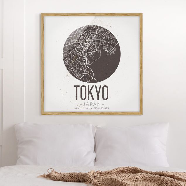 Quadri con cornice con architettura e skylines Mappa di Tokyo - Retrò