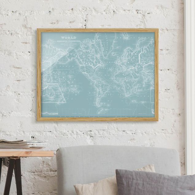 Quadri con cornice con mappamondo Mappa del mondo in blu ghiaccio