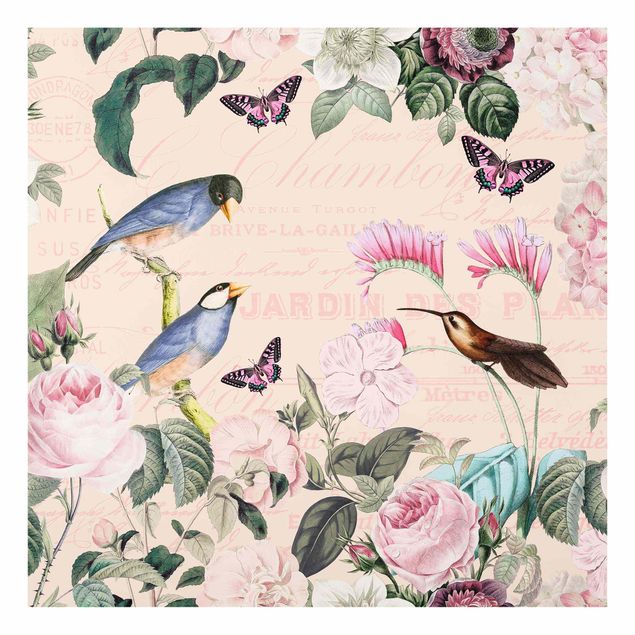 Quadro floreale Collage vintage - Rose e uccelli