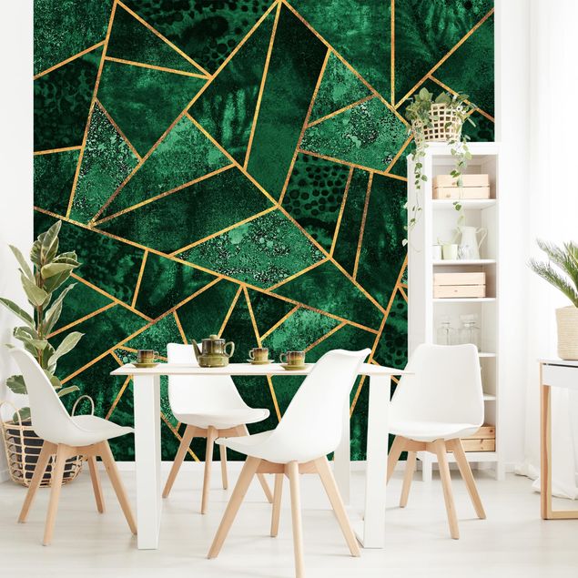 Carte da parati geometriche Smeraldo scuro con oro