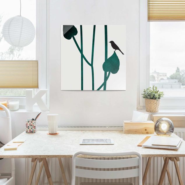 Quadri in vetro con fiori Mondo vegetale grafico - Uccello su foglia