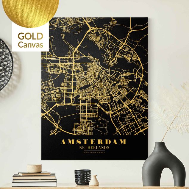 Quadri con frasi Mappa della città di Amsterdam - Nero classico