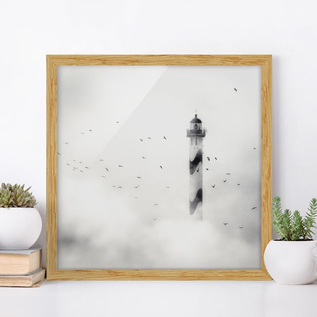 Quadri con cornice con spiaggia Faro nella nebbia