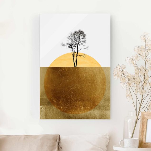 Quadri in vetro con tramonto Sole d'oro con albero