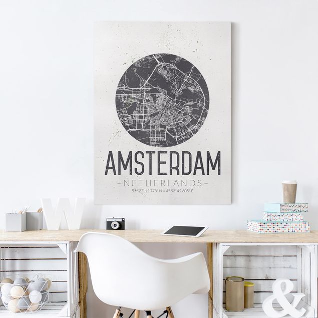 Quadri in bianco e nero Mappa della città di Amsterdam - Retrò