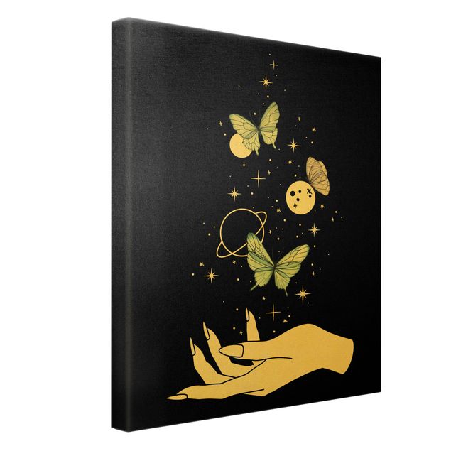 Quadro su tela oro - Mano magica - Farfalle e pianeti