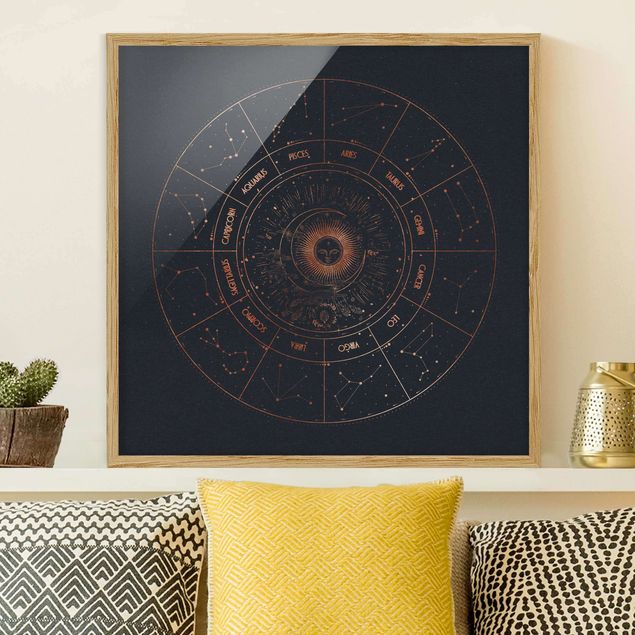 Quadri con cornice con mappamondo Astrologia I 12 segni zodiacali Oro blu