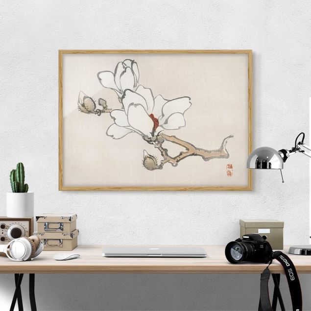 Quadri con cornice con fiori Disegno vintage asiatico Magnolia bianca