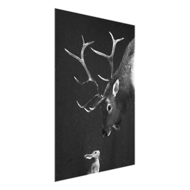 Quadri in vetro in bianco e nero Illustrazione - Cervo e Coniglio Disegno in bianco e nero