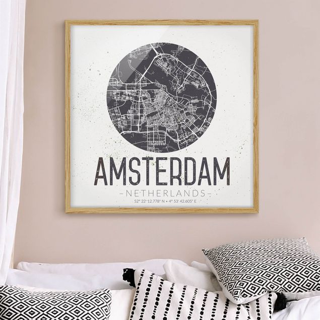 Quadri con cornice con architettura e skylines Mappa della città di Amsterdam - Retrò