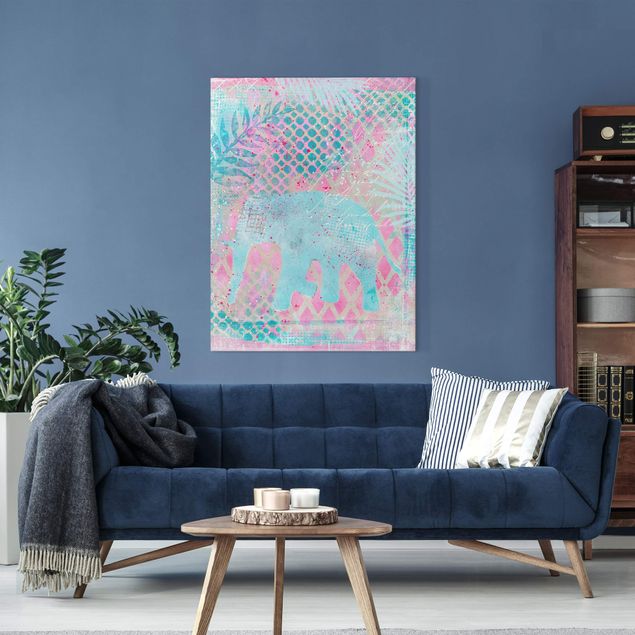 Quadri paesaggistici Collage colorato - Elefante in blu e rosa