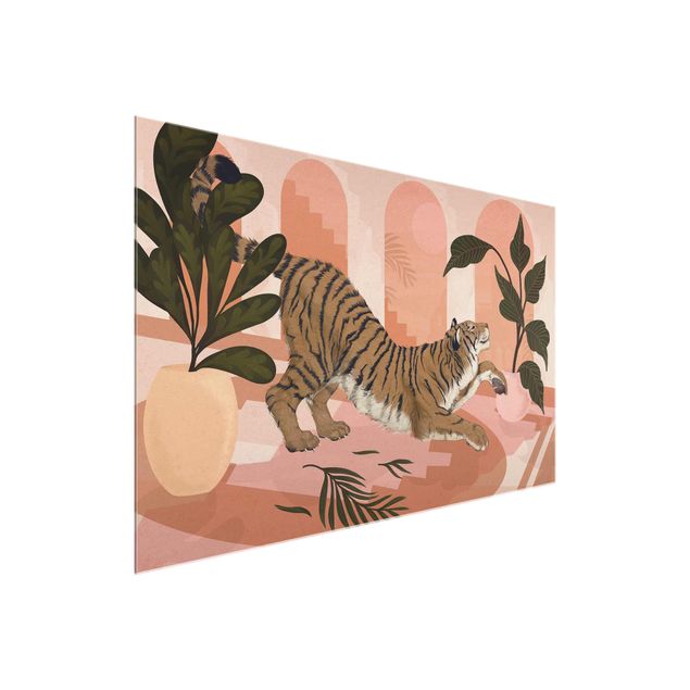 Quadri in vetro con animali Illustrazione - Tigre in pittura rosa pastello