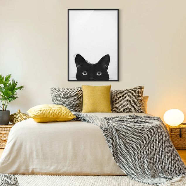 Quadri con cornice in bianco e nero Illustrazione - Gatto nero su pittura bianca