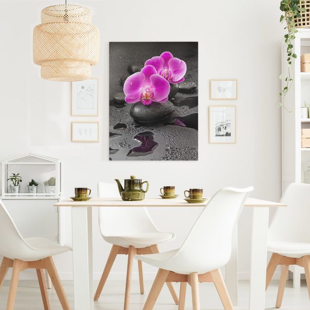 Quadri su tela con orchidee Fiore di orchidea rosa su pietra con gocce